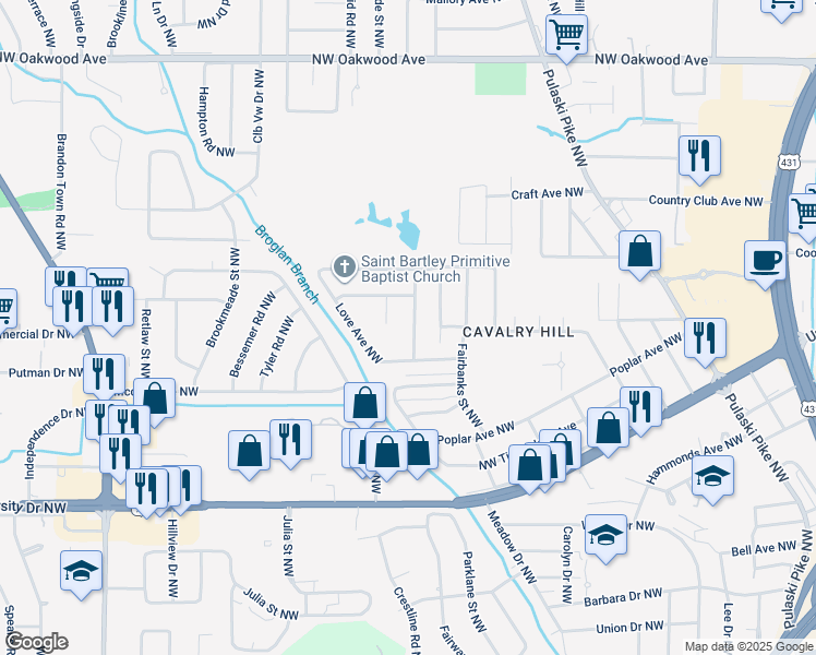map of restaurants, bars, coffee shops, grocery stores, and more near 1609 Armstrong Street Northwest in Huntsville