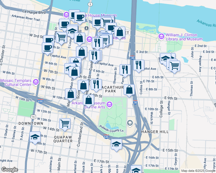 map of restaurants, bars, coffee shops, grocery stores, and more near 503 East 7th Street in Little Rock