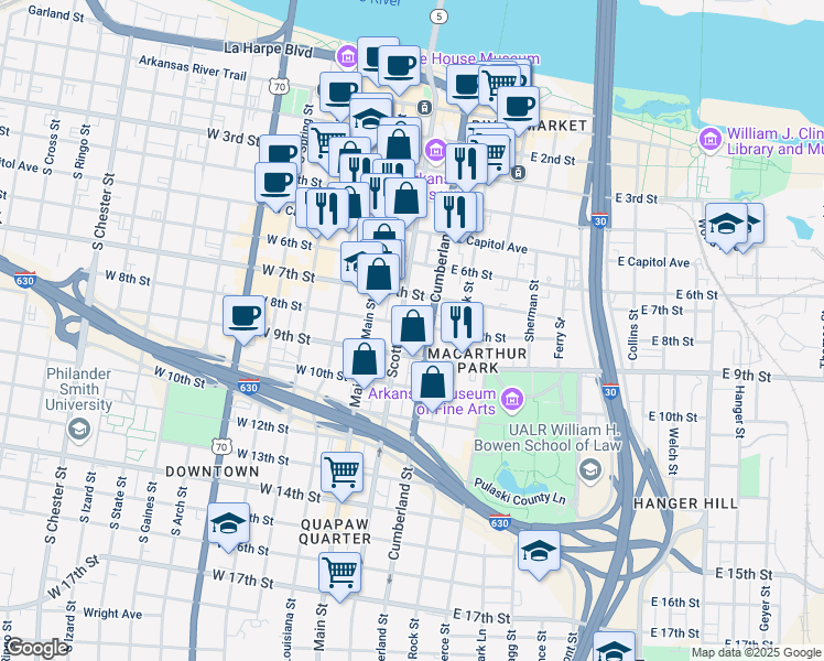 map of restaurants, bars, coffee shops, grocery stores, and more near in Little Rock
