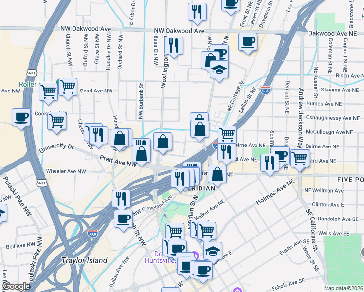 map of restaurants, bars, coffee shops, grocery stores, and more near 206 Beirne Avenue Northwest in Huntsville