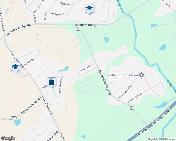 map of restaurants, bars, coffee shops, grocery stores, and more near 3 Pope Lane in Greenville