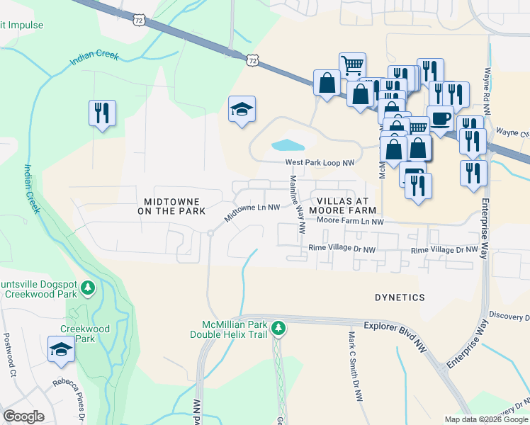 map of restaurants, bars, coffee shops, grocery stores, and more near 6313 Midtowne Lane Northwest in Huntsville