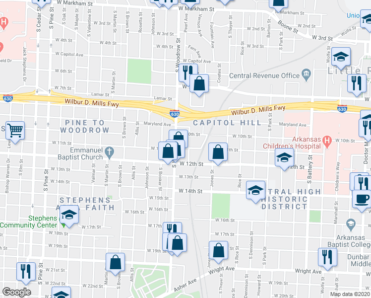 map of restaurants, bars, coffee shops, grocery stores, and more near 1009 South Woodrow Street in Little Rock