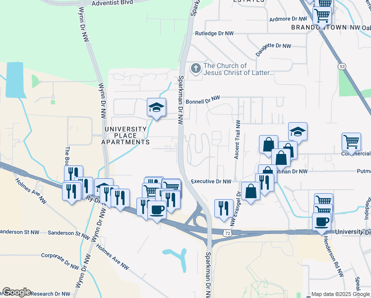 map of restaurants, bars, coffee shops, grocery stores, and more near 1500 Sparkman Drive Northwest in Huntsville