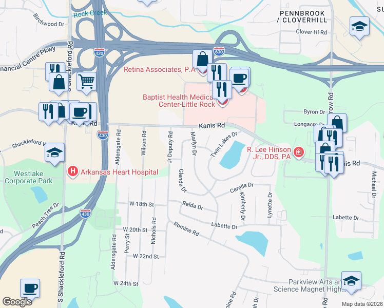 map of restaurants, bars, coffee shops, grocery stores, and more near 1400 Marlyn Drive in Little Rock