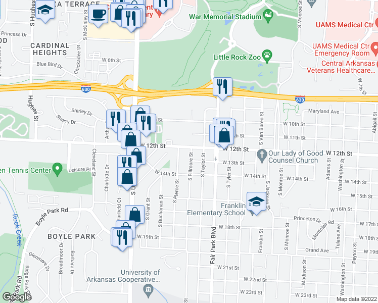 map of restaurants, bars, coffee shops, grocery stores, and more near 1204 South Fillmore Street in Little Rock