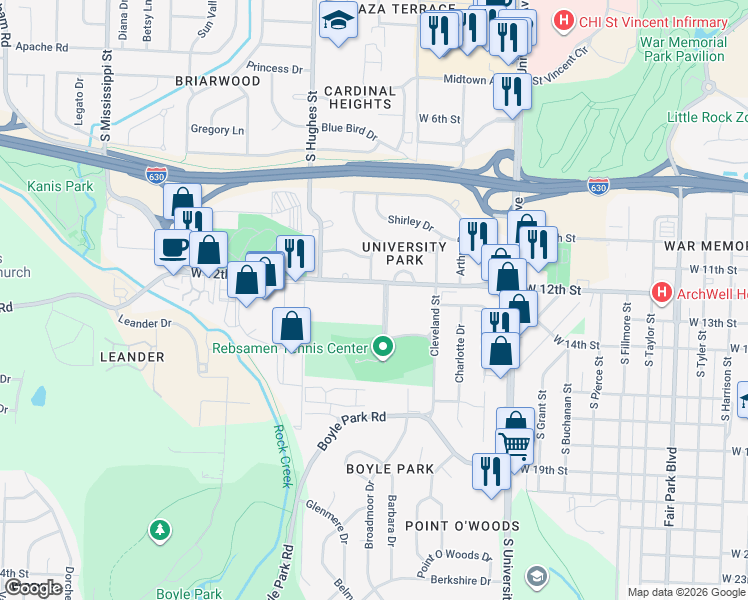 map of restaurants, bars, coffee shops, grocery stores, and more near 6501 West 12th Street in Little Rock