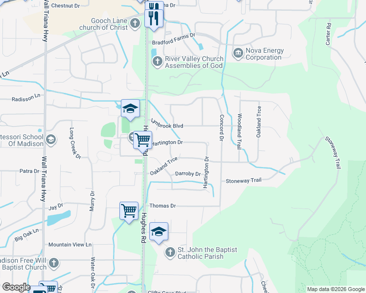 map of restaurants, bars, coffee shops, grocery stores, and more near 77 Hartington Drive in Madison