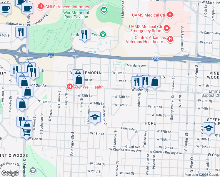 map of restaurants, bars, coffee shops, grocery stores, and more near 2207 East Jonesboro Drive in Little Rock