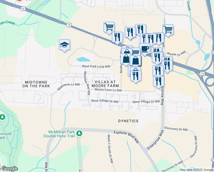 map of restaurants, bars, coffee shops, grocery stores, and more near 2 Northwest Moore Farm Circle in Huntsville