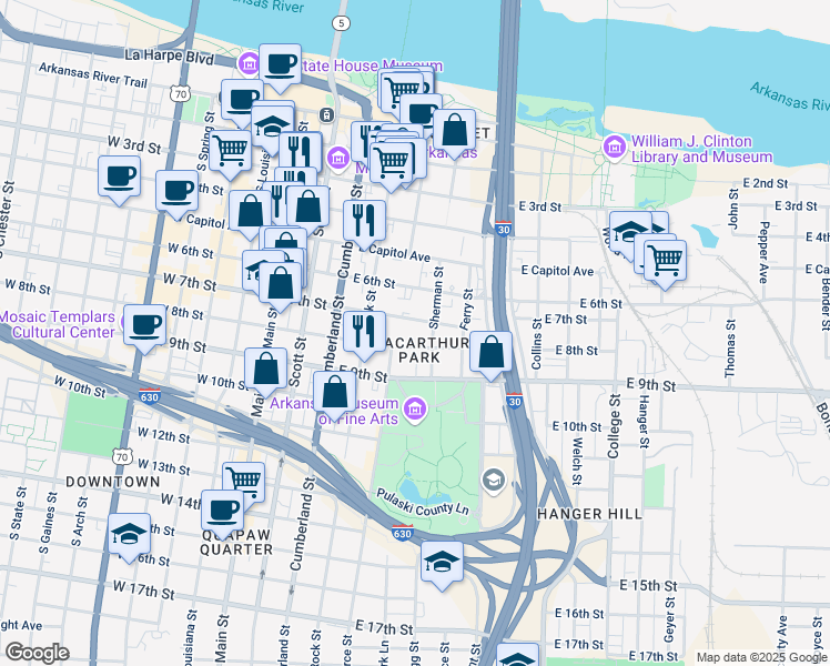 map of restaurants, bars, coffee shops, grocery stores, and more near 503 East 7th Street in Little Rock