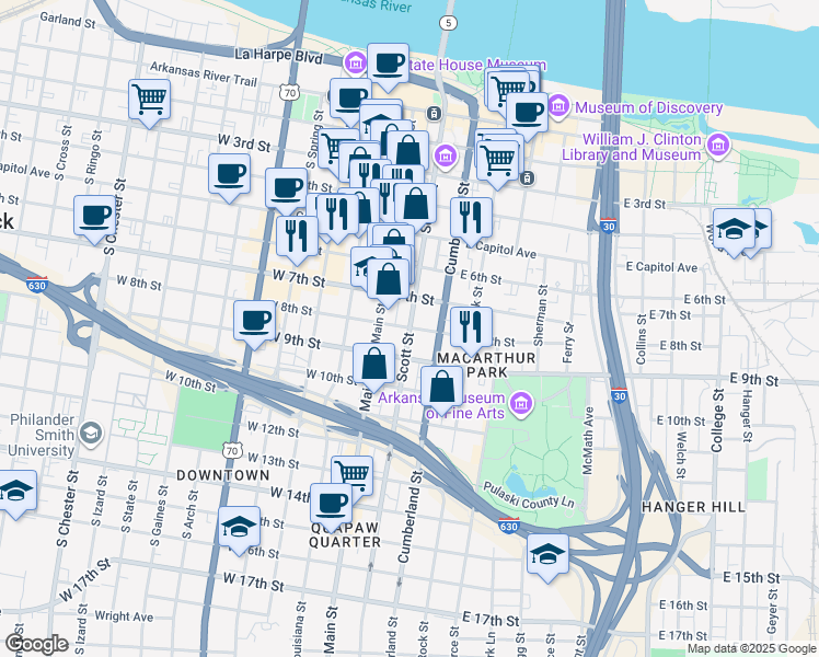 map of restaurants, bars, coffee shops, grocery stores, and more near in Little Rock