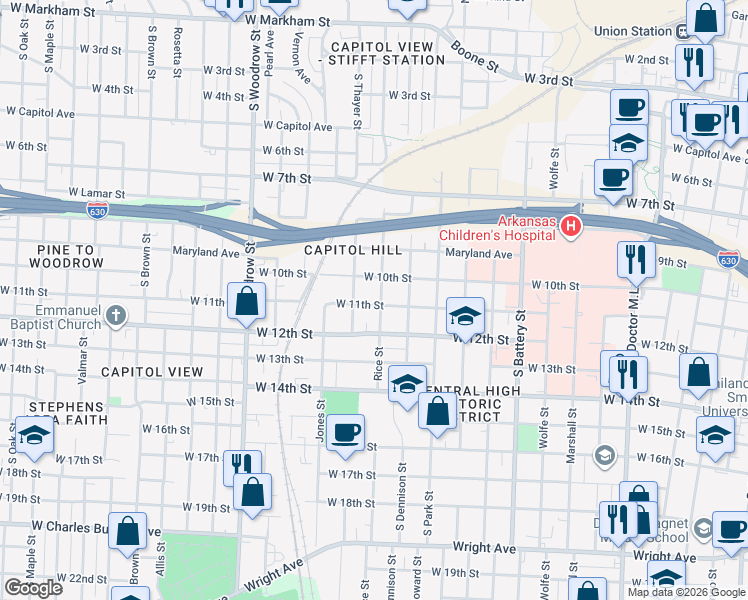 map of restaurants, bars, coffee shops, grocery stores, and more near 2423 West 10th Street in Little Rock