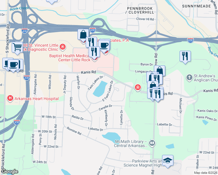 map of restaurants, bars, coffee shops, grocery stores, and more near 1212 East Twin Lakes Drive in Little Rock