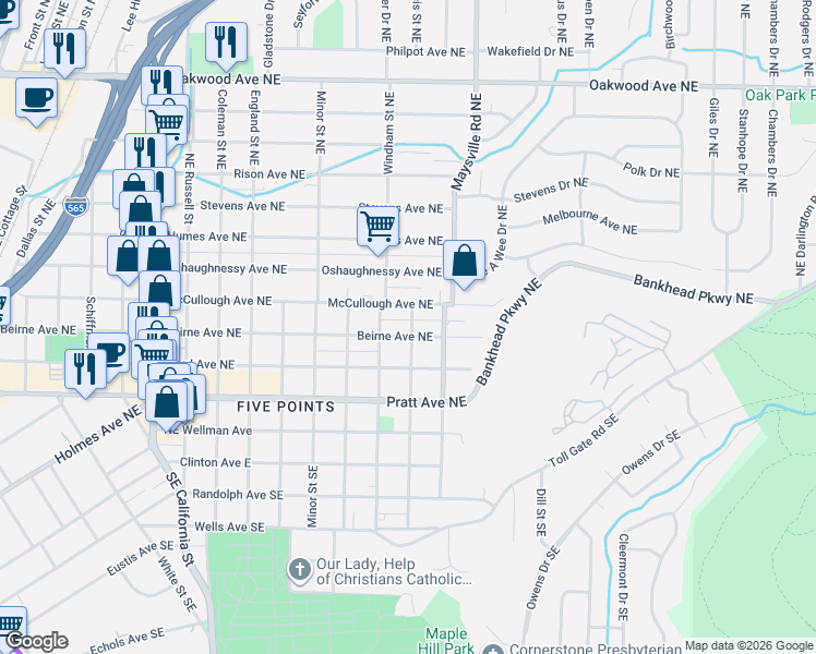 map of restaurants, bars, coffee shops, grocery stores, and more near 1604 McCullough Avenue Northeast in Huntsville