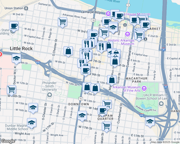 map of restaurants, bars, coffee shops, grocery stores, and more near 409 West 8th Street in Little Rock