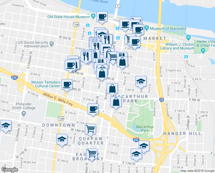 map of restaurants, bars, coffee shops, grocery stores, and more near Scott Street & East 8th Street in Little Rock