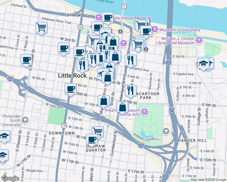 map of restaurants, bars, coffee shops, grocery stores, and more near in Little Rock