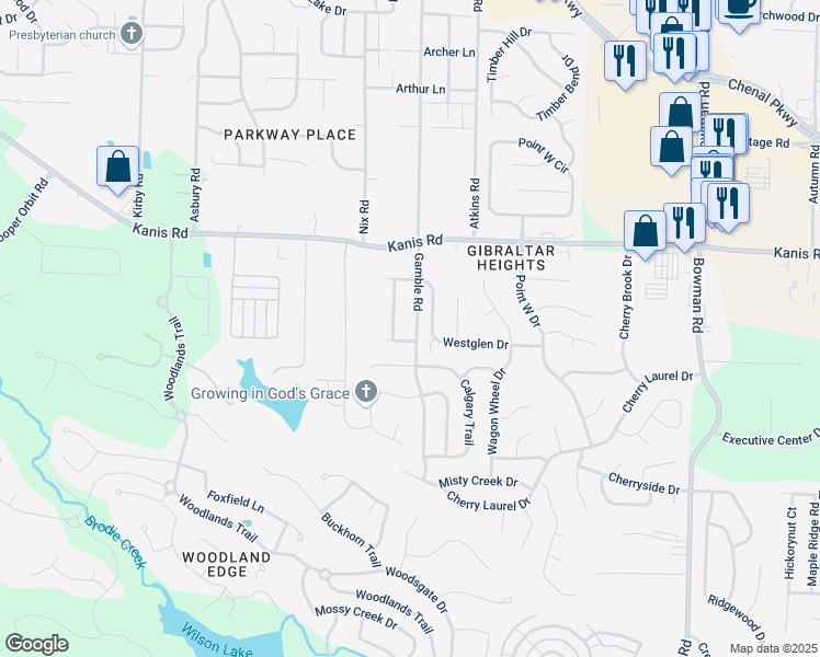 map of restaurants, bars, coffee shops, grocery stores, and more near 1418 Gamble Road in Little Rock