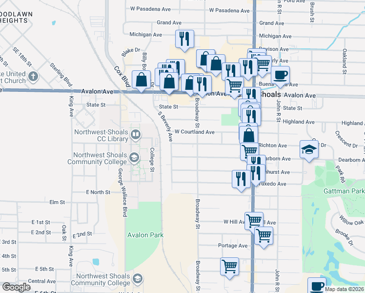 map of restaurants, bars, coffee shops, grocery stores, and more near 301-323 West Richton Street in Muscle Shoals