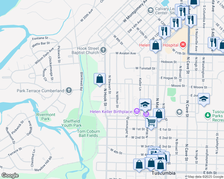 map of restaurants, bars, coffee shops, grocery stores, and more near 501-551 W Moore St in Tuscumbia