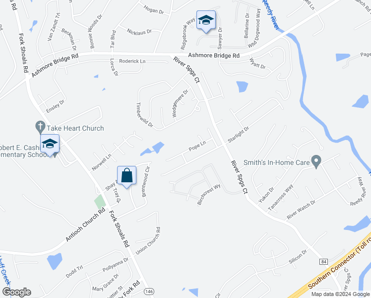map of restaurants, bars, coffee shops, grocery stores, and more near 124 Pope Lane in Greenville