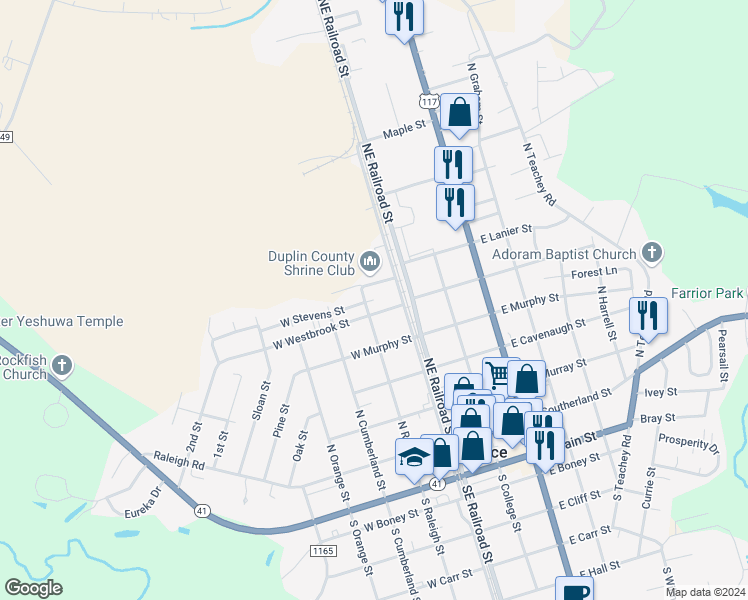 map of restaurants, bars, coffee shops, grocery stores, and more near Stevens Street in Wallace
