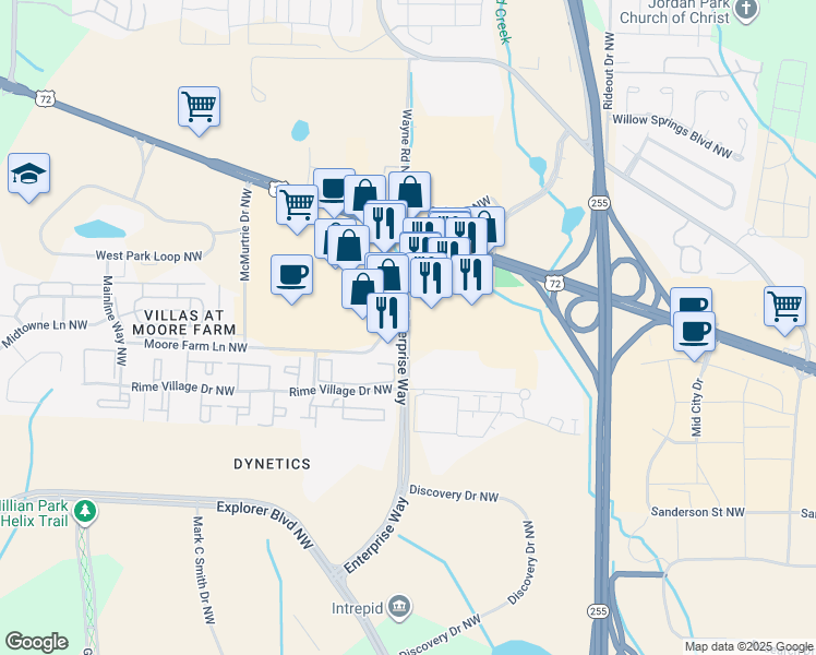 map of restaurants, bars, coffee shops, grocery stores, and more near in Huntsville
