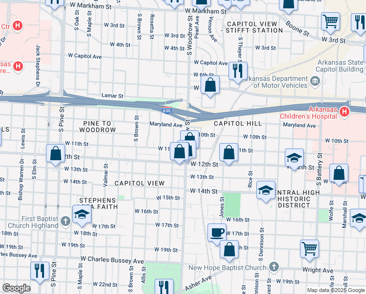 map of restaurants, bars, coffee shops, grocery stores, and more near 1009 South Woodrow Street in Little Rock
