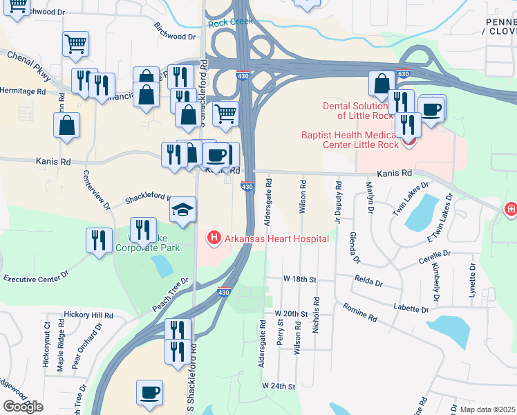 map of restaurants, bars, coffee shops, grocery stores, and more near 1310 Aldersgate Road in Little Rock