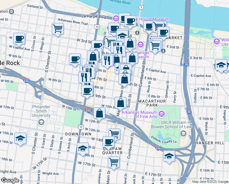 map of restaurants, bars, coffee shops, grocery stores, and more near 120 West 8th Street in Little Rock