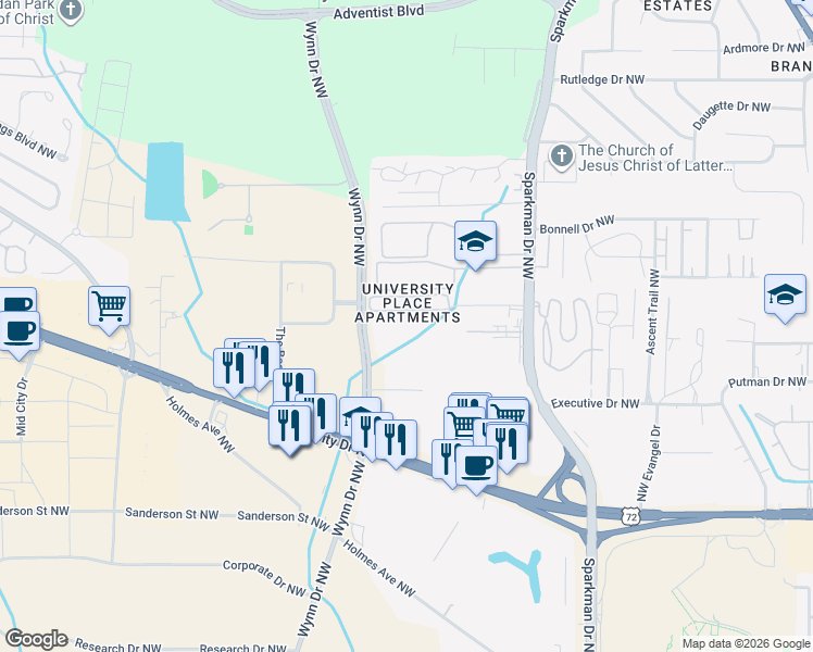map of restaurants, bars, coffee shops, grocery stores, and more near 4955 Century Street Northwest in Huntsville