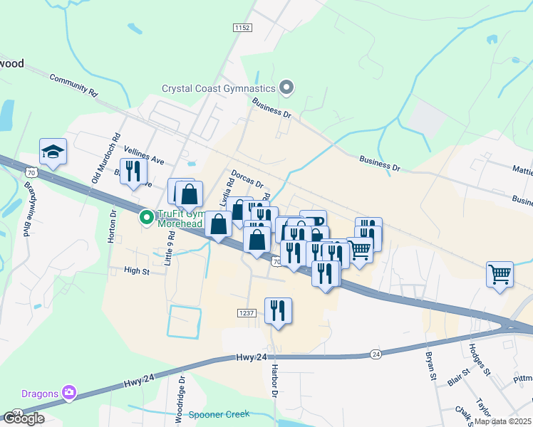 map of restaurants, bars, coffee shops, grocery stores, and more near 148 Harris Road in Newport