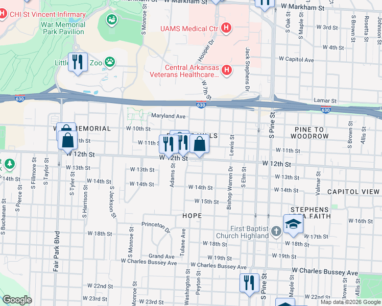 map of restaurants, bars, coffee shops, grocery stores, and more near 4425 West 11th Street in Little Rock
