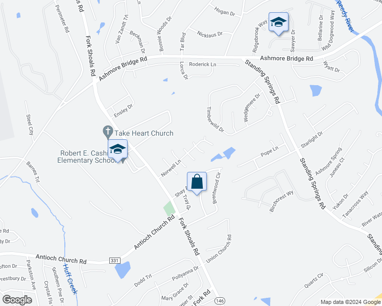 map of restaurants, bars, coffee shops, grocery stores, and more near 101 Wayline Court in Greenville