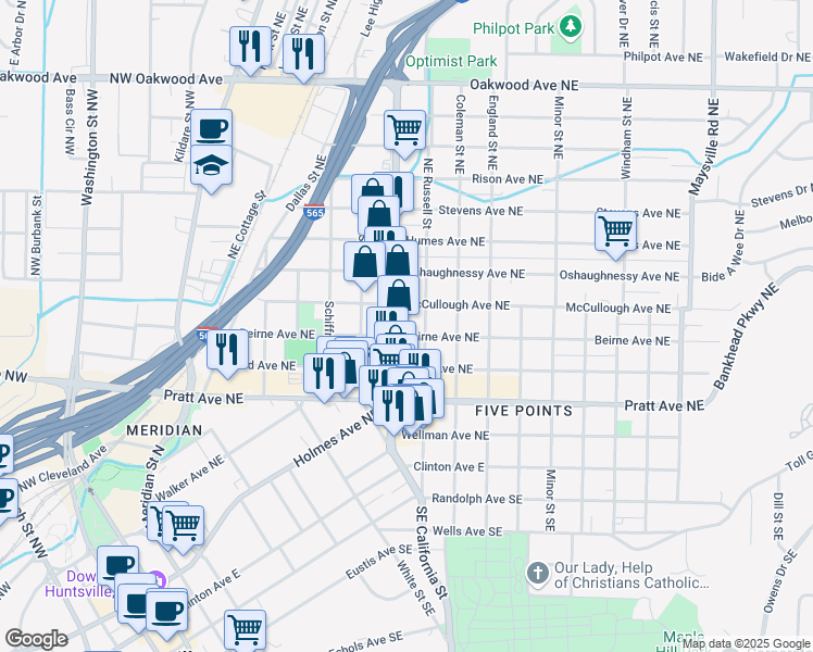 map of restaurants, bars, coffee shops, grocery stores, and more near 714 McCullough Avenue Northeast in Huntsville