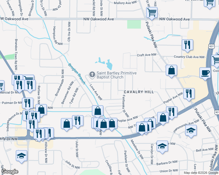 map of restaurants, bars, coffee shops, grocery stores, and more near 3003 Belafonte Avenue Northwest in Huntsville