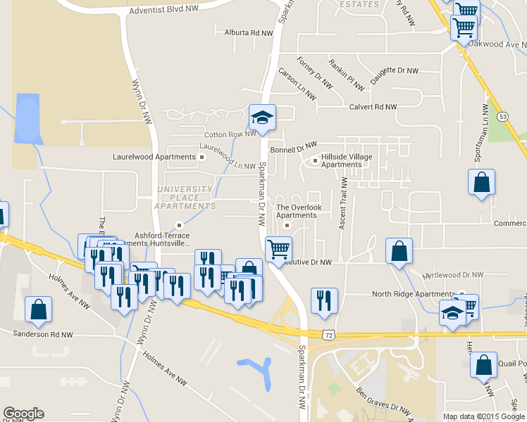map of restaurants, bars, coffee shops, grocery stores, and more near 1500 Sparkman Drive Northwest in Huntsville
