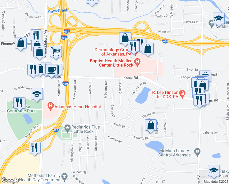 map of restaurants, bars, coffee shops, grocery stores, and more near 1305 Glenda Drive in Little Rock