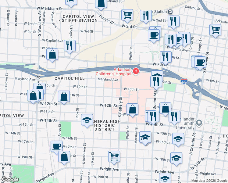 map of restaurants, bars, coffee shops, grocery stores, and more near 1923 West 10th Street in Little Rock