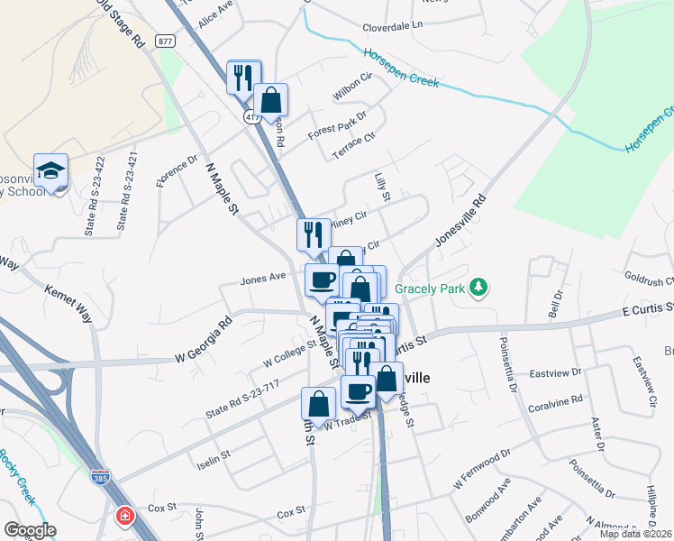 map of restaurants, bars, coffee shops, grocery stores, and more near 224 Northeast Main Street in Simpsonville