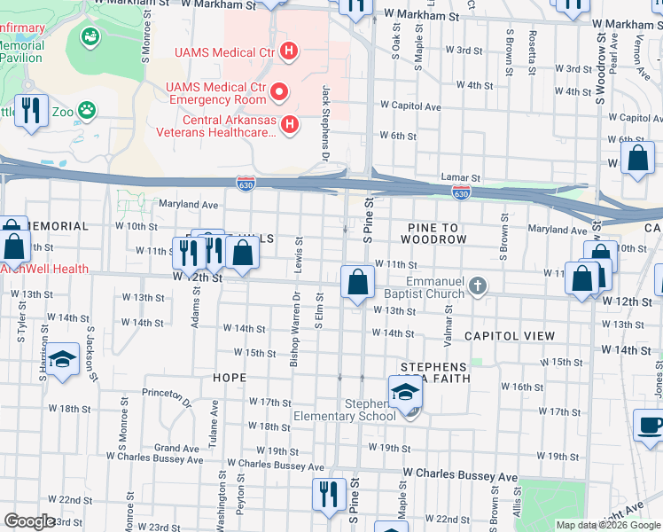 map of restaurants, bars, coffee shops, grocery stores, and more near 4100 West 11th Street in Little Rock