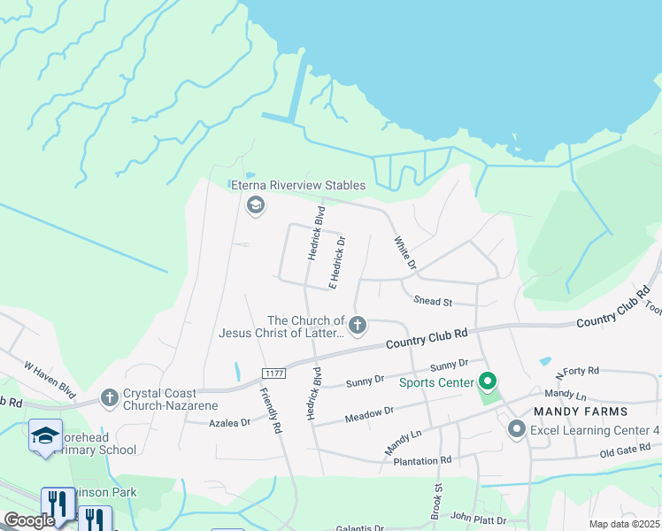 map of restaurants, bars, coffee shops, grocery stores, and more near 3606 East Hedrick Drive in Morehead City