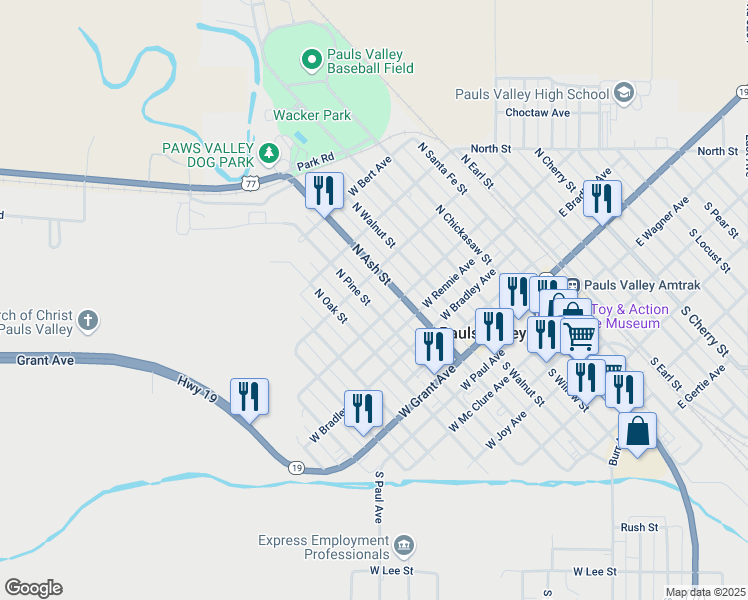 map of restaurants, bars, coffee shops, grocery stores, and more near 622 North Pine Street in Pauls Valley