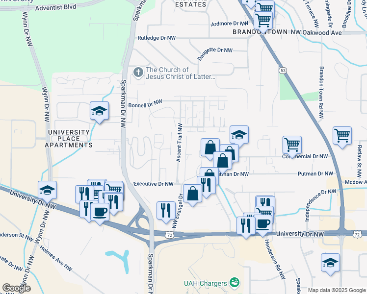 map of restaurants, bars, coffee shops, grocery stores, and more near 1420 Ascent Trail Northwest in Huntsville