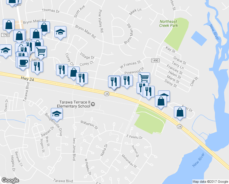 map of restaurants, bars, coffee shops, grocery stores, and more near 2119 Lejeune Boulevard in Jacksonville