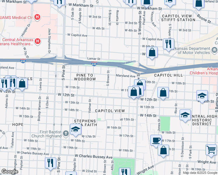 map of restaurants, bars, coffee shops, grocery stores, and more near 1009 South Brown Street in Little Rock