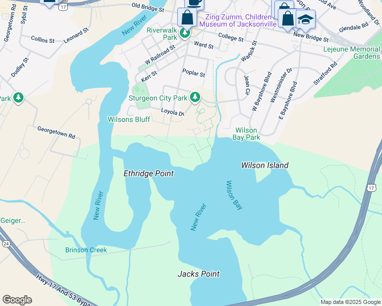 map of restaurants, bars, coffee shops, grocery stores, and more near 78 Shoreline Drive in Jacksonville