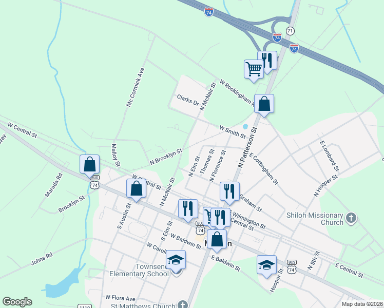 map of restaurants, bars, coffee shops, grocery stores, and more near 408 North McNair Street in Maxton
