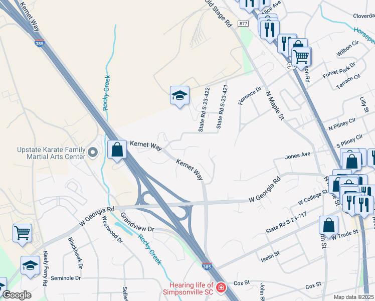 map of restaurants, bars, coffee shops, grocery stores, and more near 501 Boyd Avenue in Simpsonville